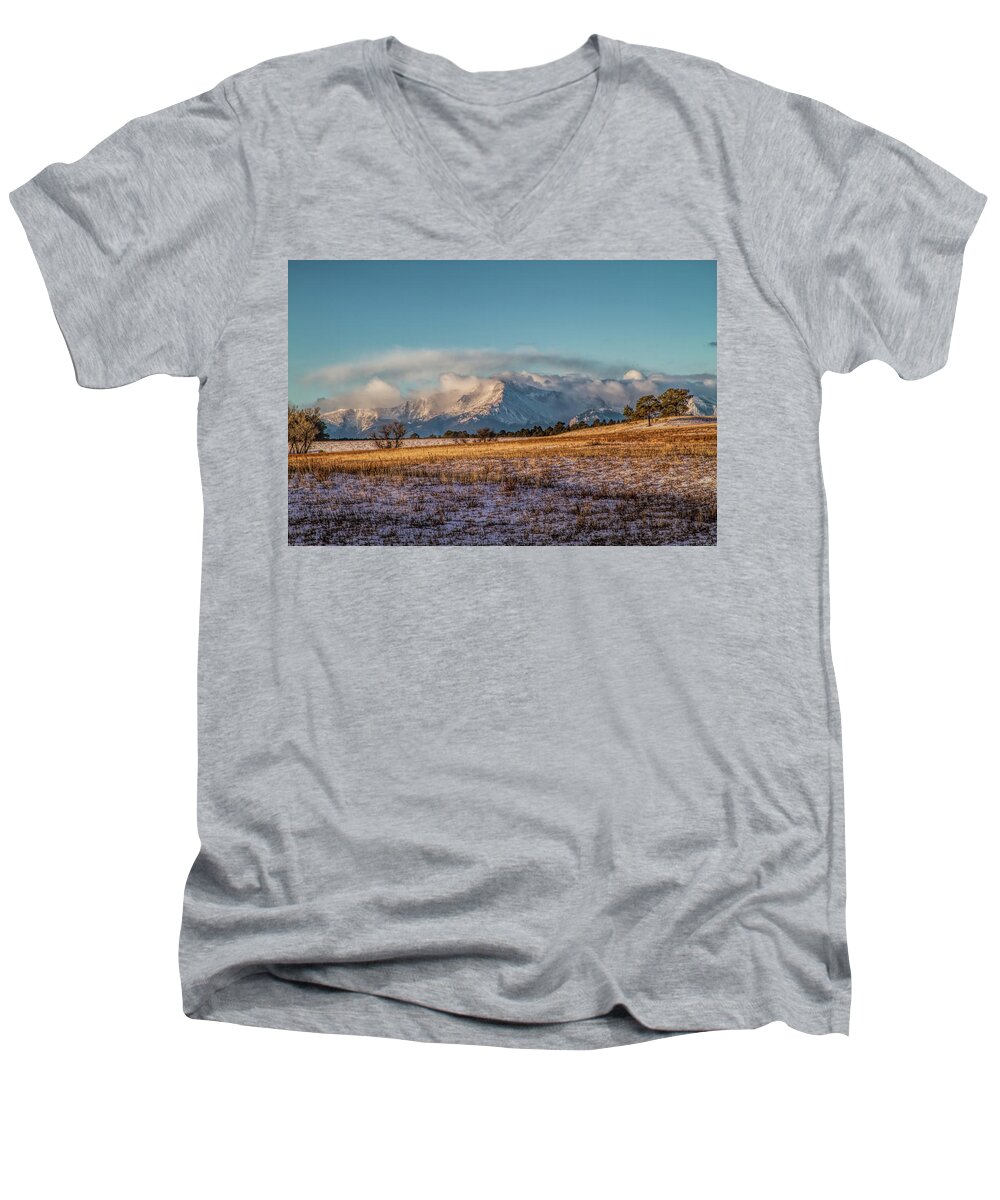 Pikes Peak Men's V-Neck T-Shirt featuring the photograph It Begins by Alana Thrower