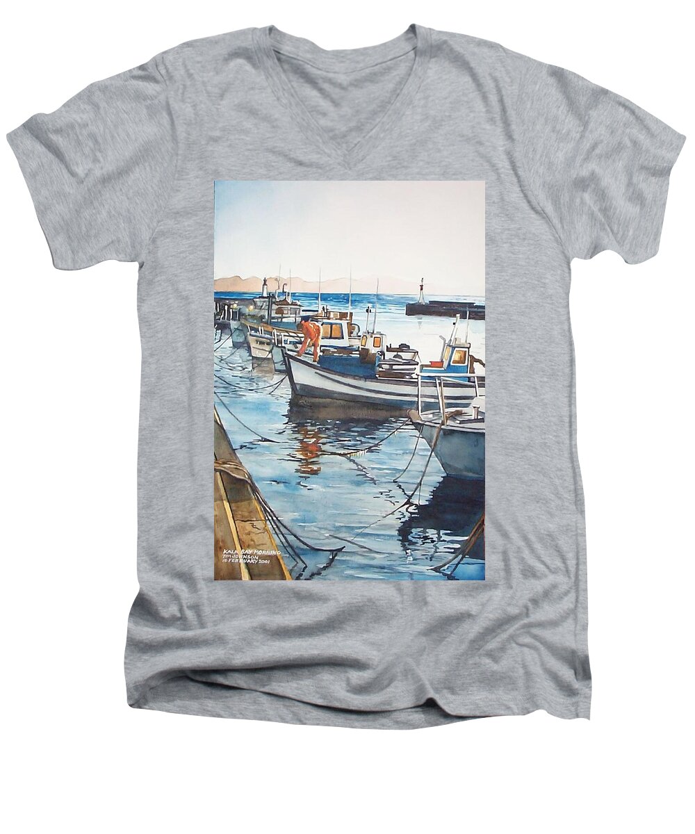 Kalk Bay Men's V-Neck T-Shirt featuring the painting Kalk Bay Morning by Tim Johnson