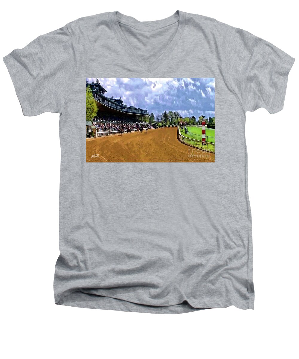 Keeneland Men's V-Neck T-Shirt featuring the digital art Keeneland The Stretch by CAC Graphics