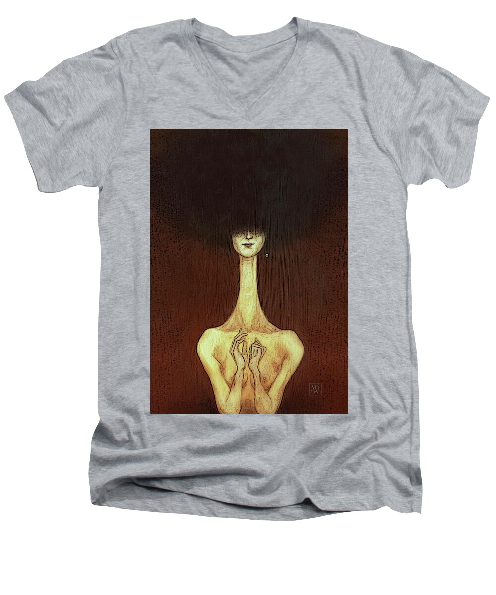 Art Men's V-Neck T-Shirt featuring the mixed media La Femme fatale by Yvonne Wright