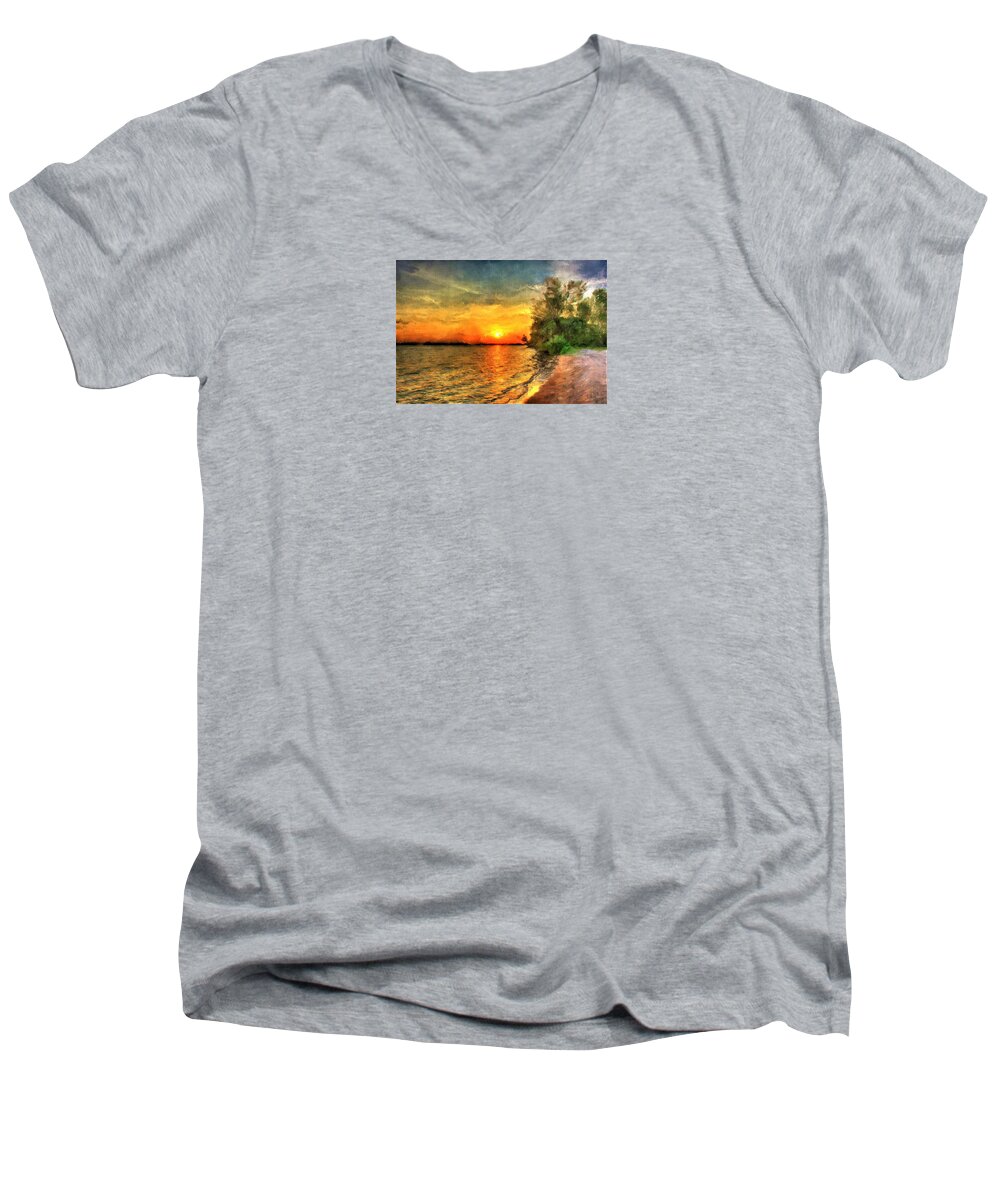 Sunset Men's V-Neck T-Shirt featuring the painting Lake Sunset by Diane Chandler