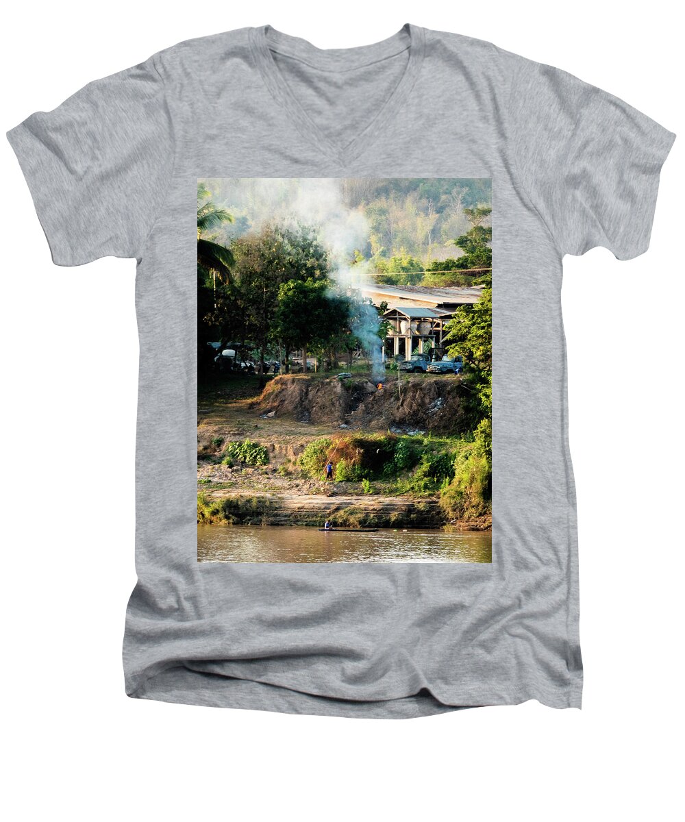 Fishing Men's V-Neck T-Shirt featuring the photograph Laos riverside scene by Jeremy Holton