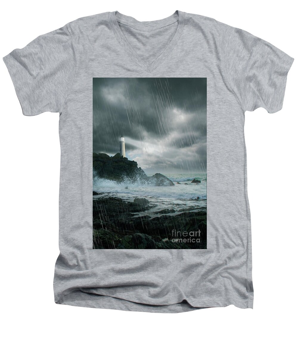 Lighthouse Men's V-Neck T-Shirt featuring the photograph Lighthouse In a Storm At Night by Ethiriel Photography