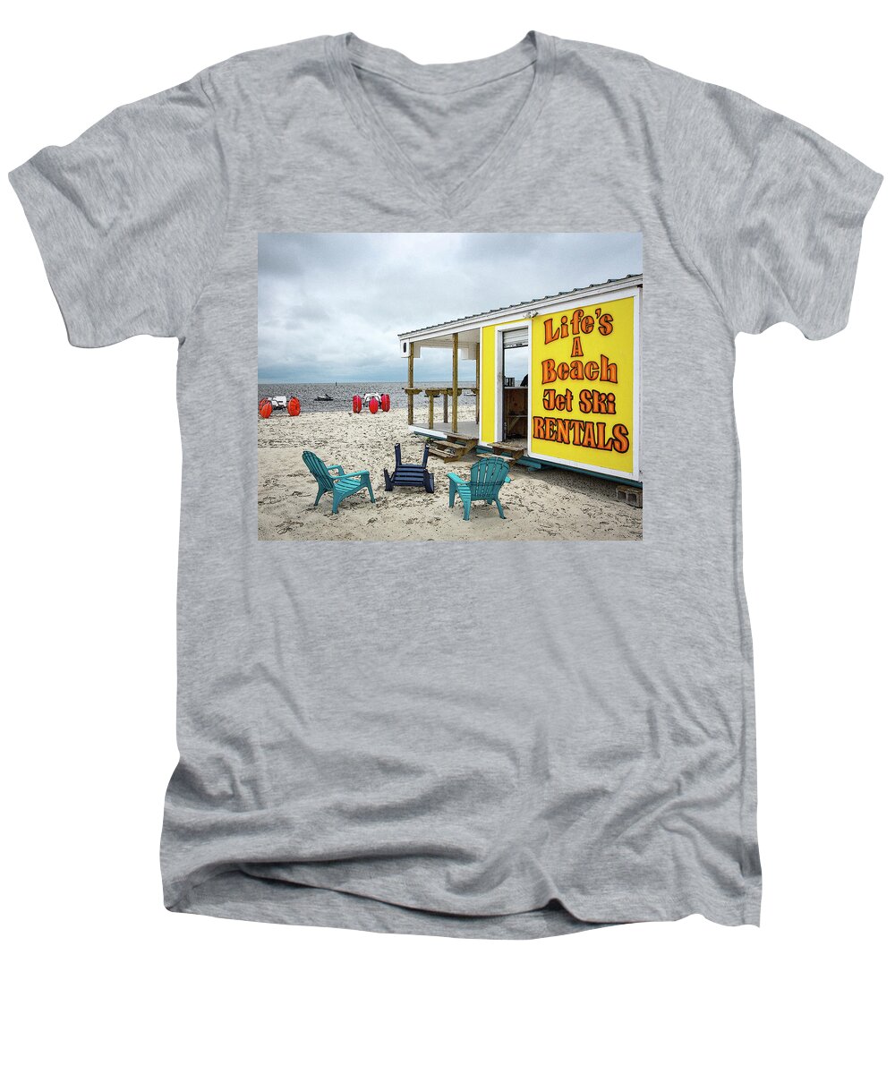 Beach Men's V-Neck T-Shirt featuring the photograph Like's A Beach by Jim Mathis
