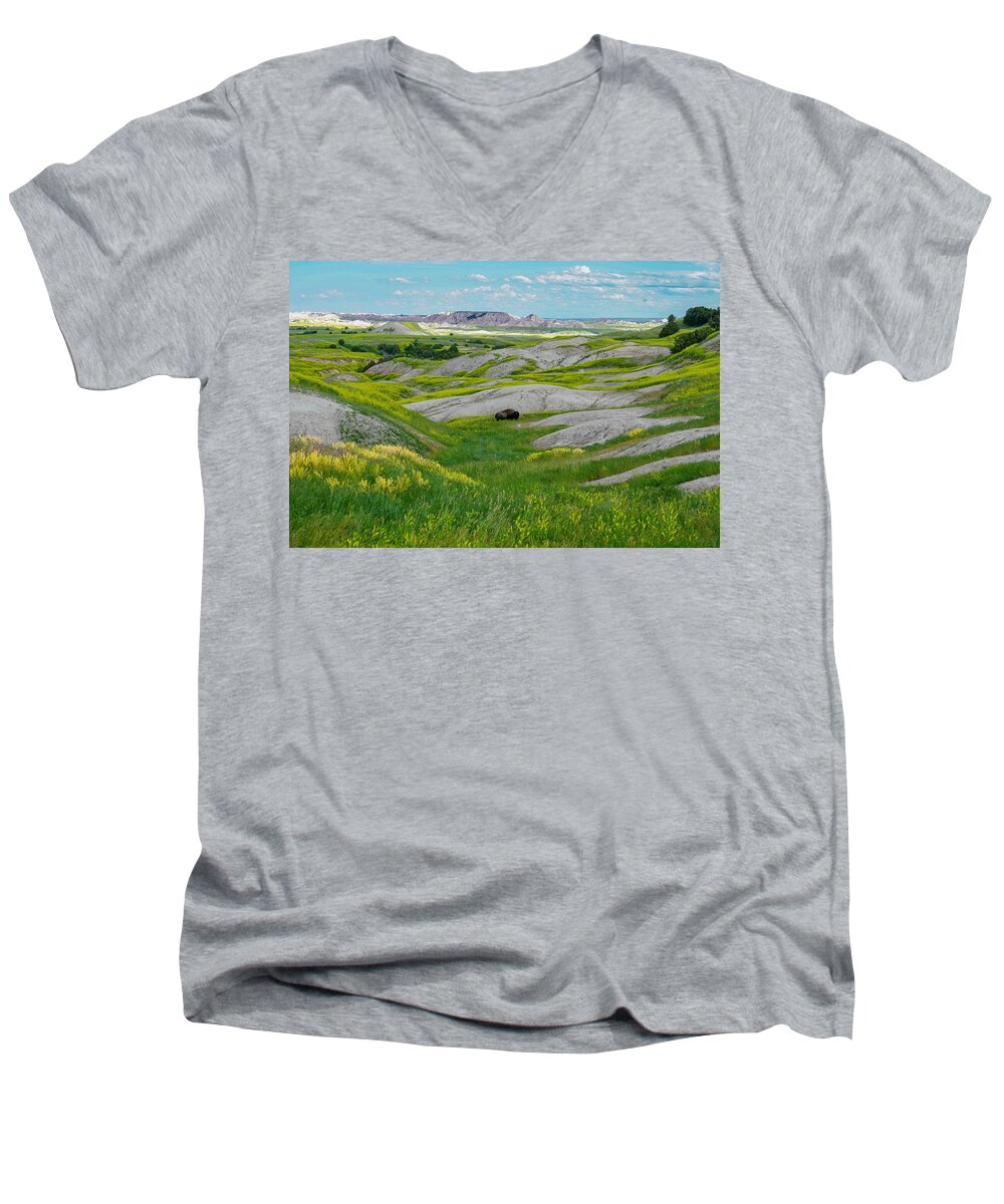 Landscape Men's V-Neck T-Shirt featuring the photograph Lone Buffalo by Susan Rydberg