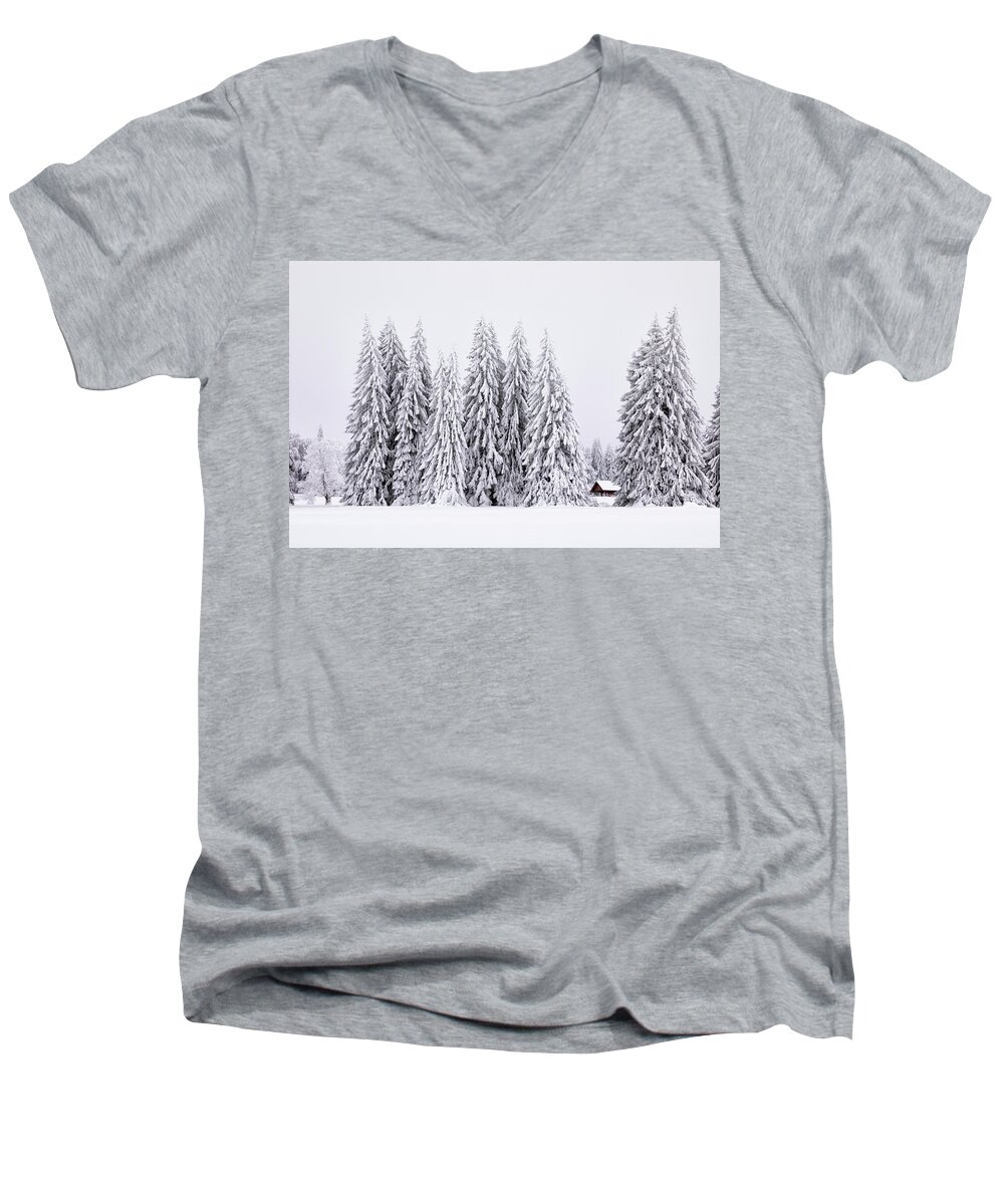 Chalet Men's V-Neck T-Shirt featuring the photograph Lost in Winter by Dominique Dubied