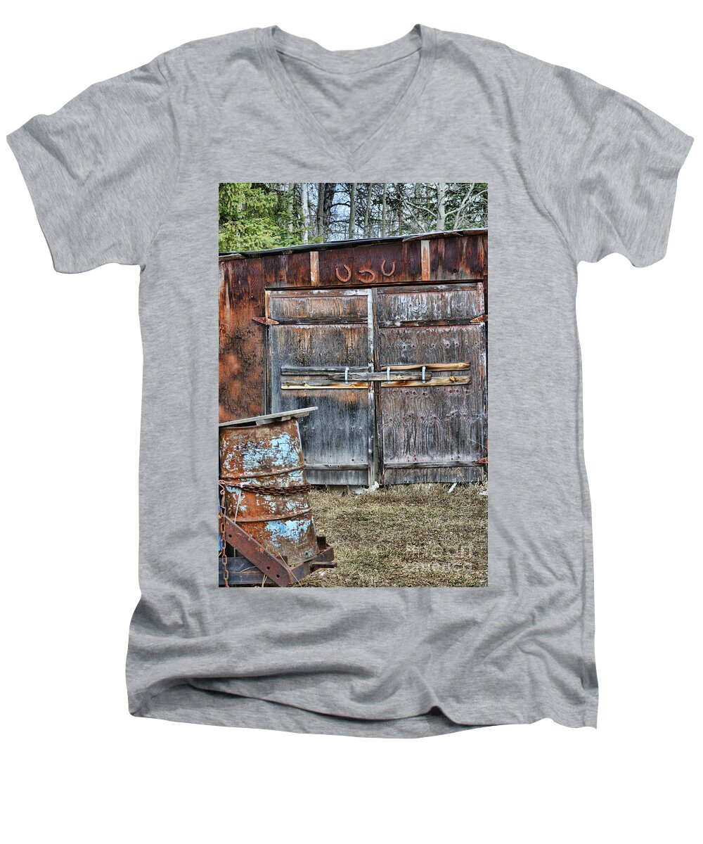 Barn Men's V-Neck T-Shirt featuring the photograph Lucky Door by Vivian Martin