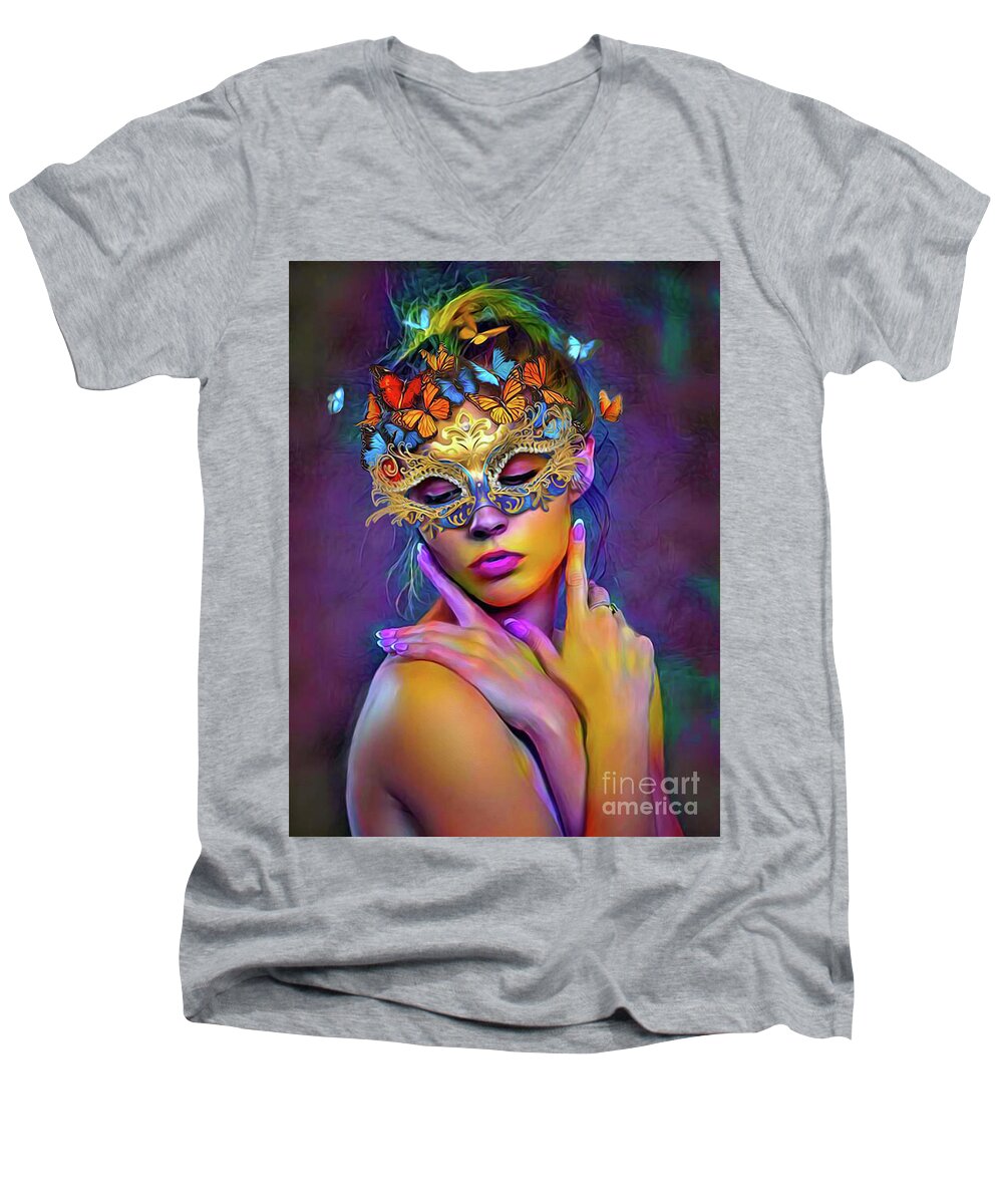 Young Woman Men's V-Neck T-Shirt featuring the digital art Madame Butterfly by Kathy Kelly