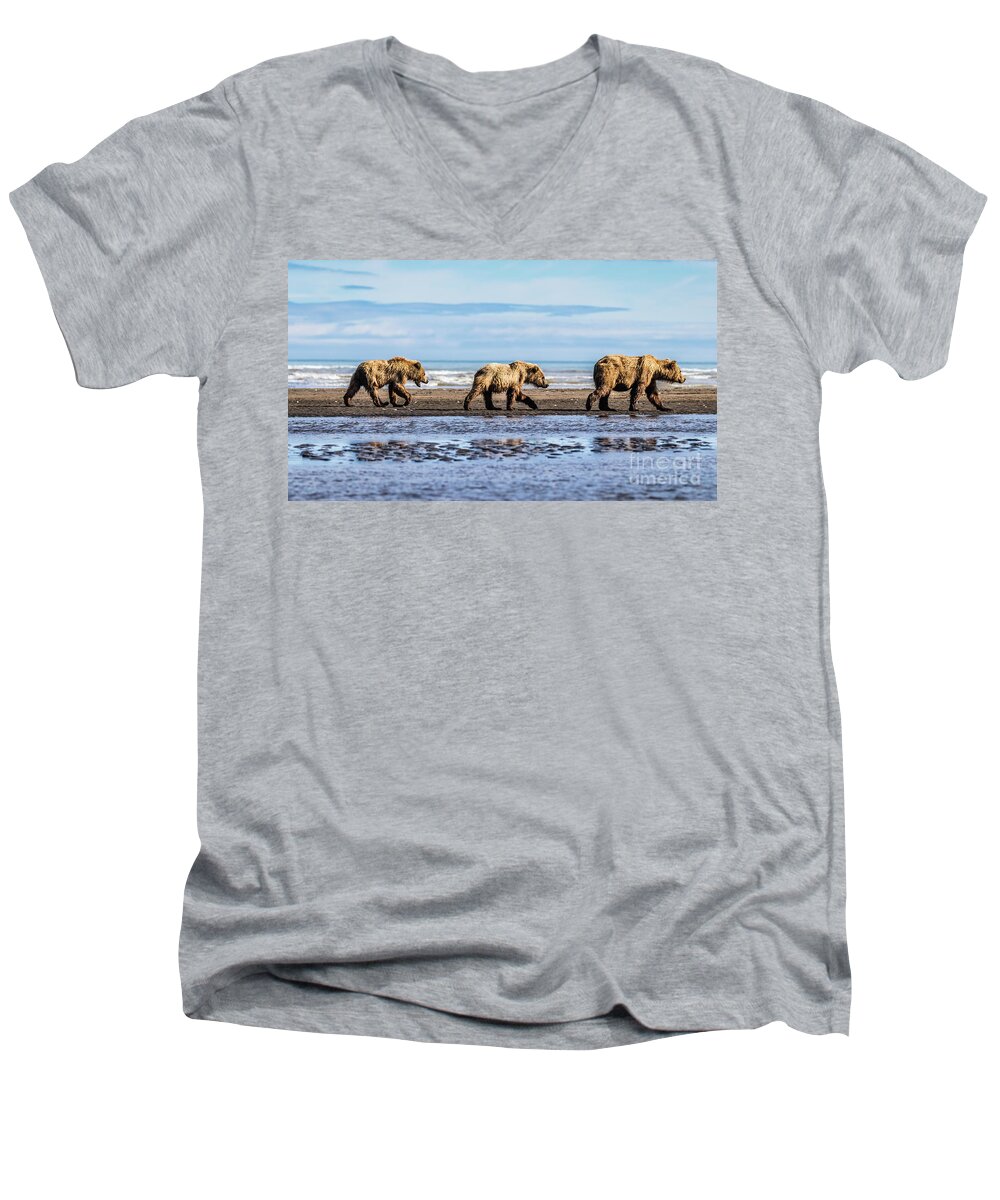 Bear Men's V-Neck T-Shirt featuring the photograph Mama bear and her two cubs on the beach by Lyl Dil Creations
