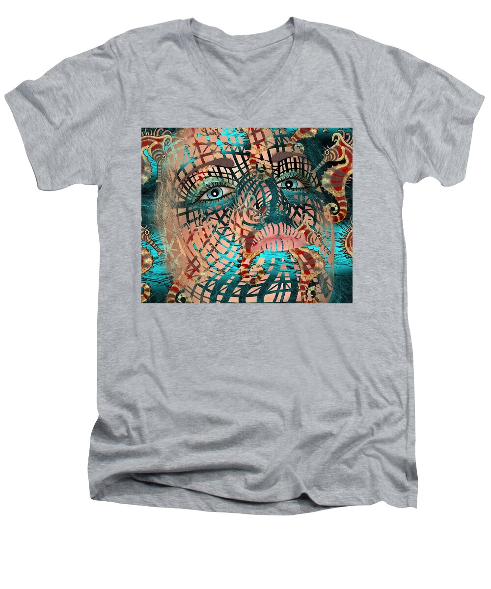 Dreaming Of The Sea Men's V-Neck T-Shirt featuring the mixed media Mask Dreaming of the Sea by Joan Stratton