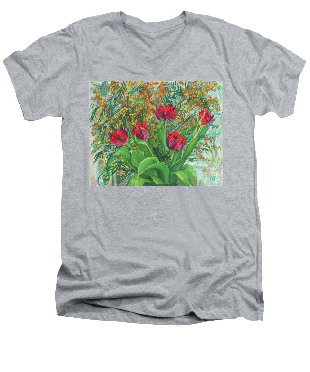Soft Pastel Painting Men's V-Neck T-Shirt featuring the pastel Mimosa and Tulips, Spring Flowers by Julia Khoroshikh