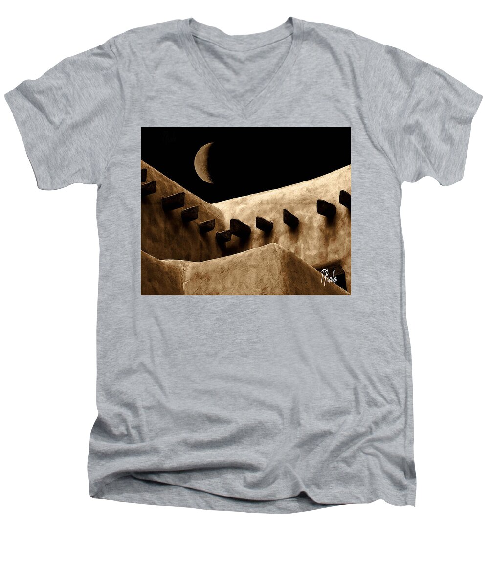 Moon Men's V-Neck T-Shirt featuring the photograph Moon over Santa Fe by Terry Fiala
