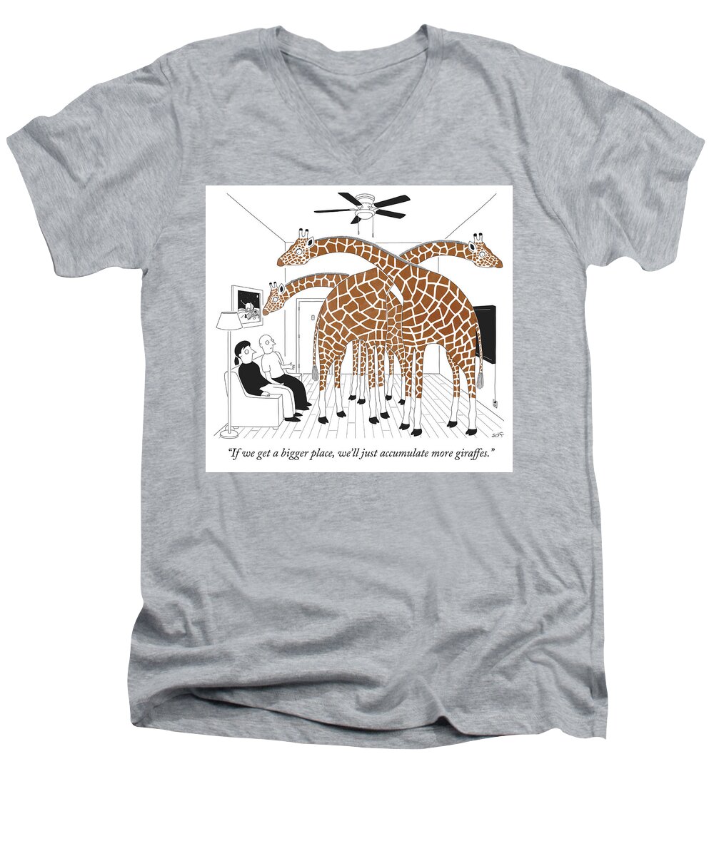 “if We Get A Bigger Place We’ll Just Accumulate More Giraffes.” Men's V-Neck T-Shirt featuring the drawing More giraffes by Seth Fleishman
