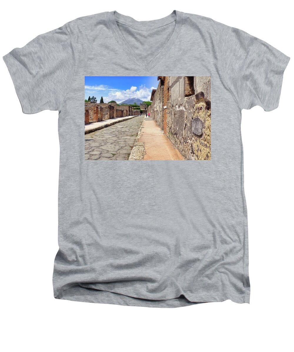 Mount Vesuvius And The Ruins Of Pompeii Italy Men's V-Neck T-Shirt featuring the photograph Mount Vesuvius and The Ruins of Pompeii Italy by Robert Bellomy