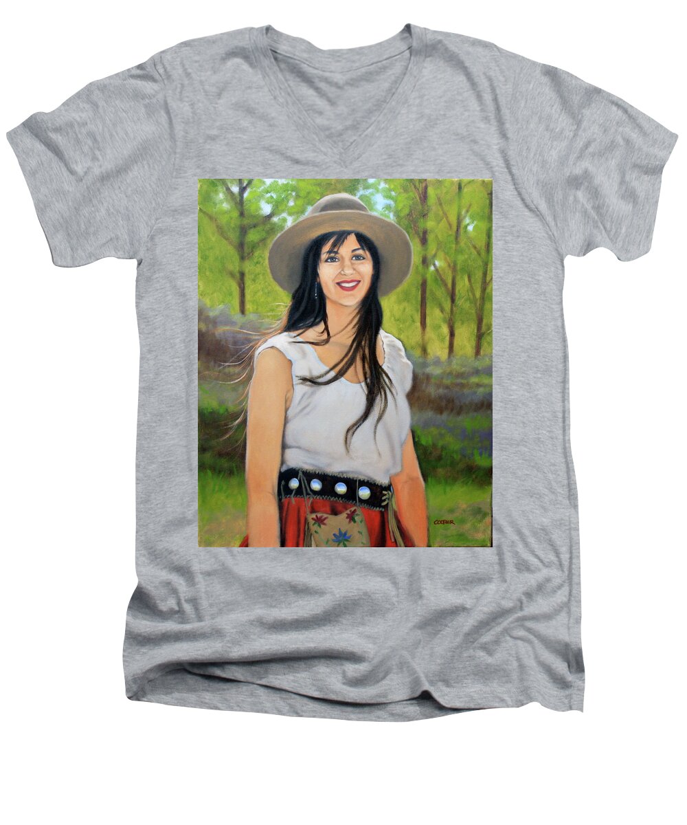 Hat Men's V-Neck T-Shirt featuring the painting Mountain Megan by Todd Cooper