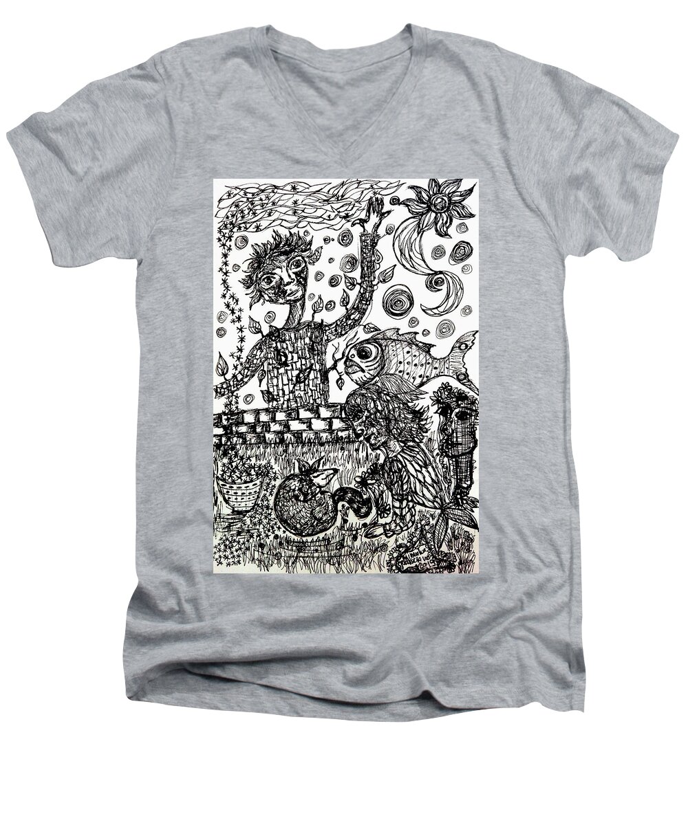 Symbolism Men's V-Neck T-Shirt featuring the drawing Mute Conversation by Mimulux Patricia No