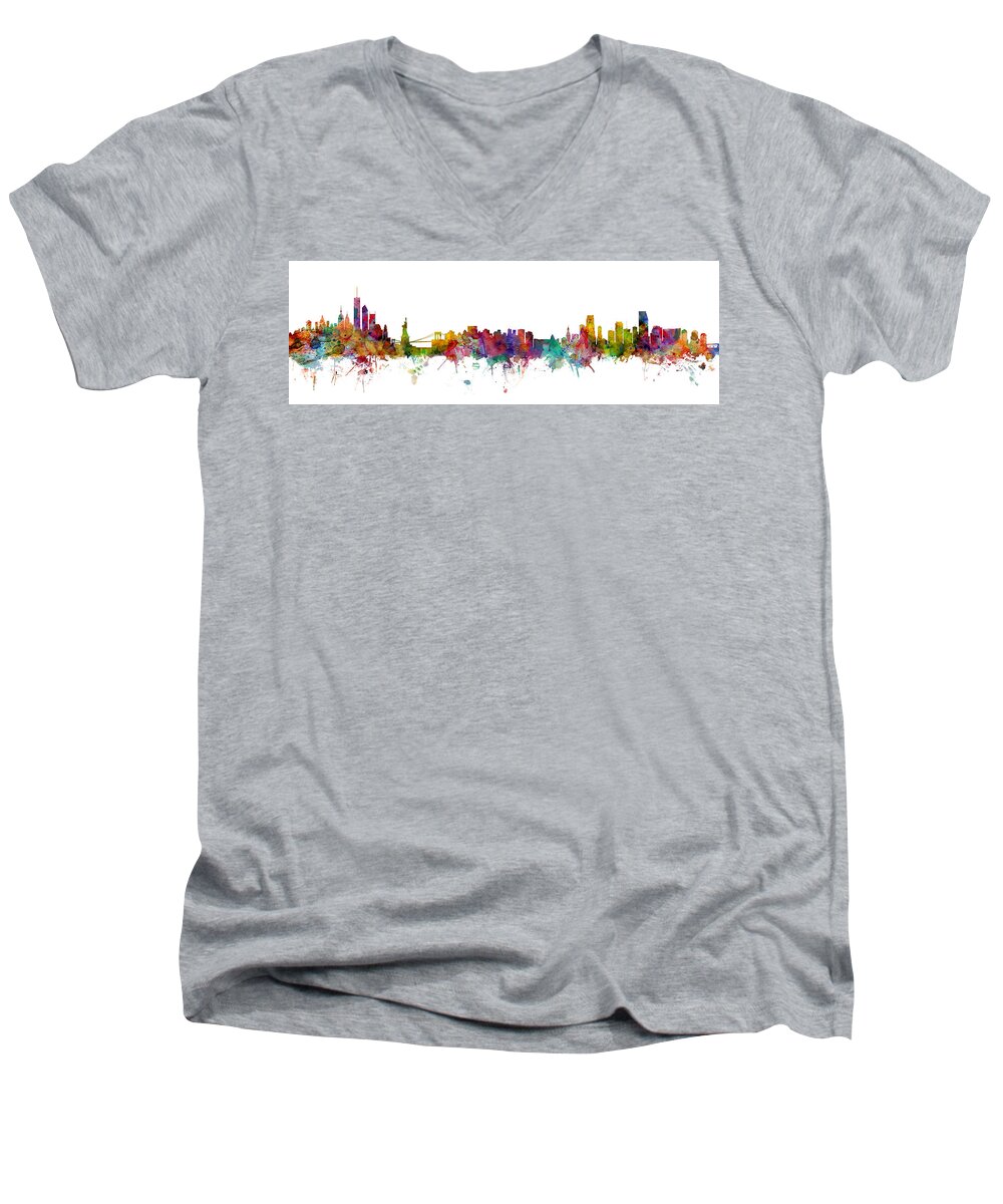 New York Men's V-Neck T-Shirt featuring the digital art New York and Miami Skylines Mashup by Michael Tompsett