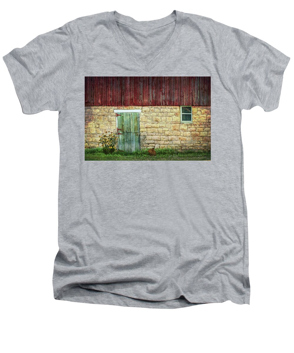 Barn Men's V-Neck T-Shirt featuring the photograph Old Barn Door and Window by Patti Deters