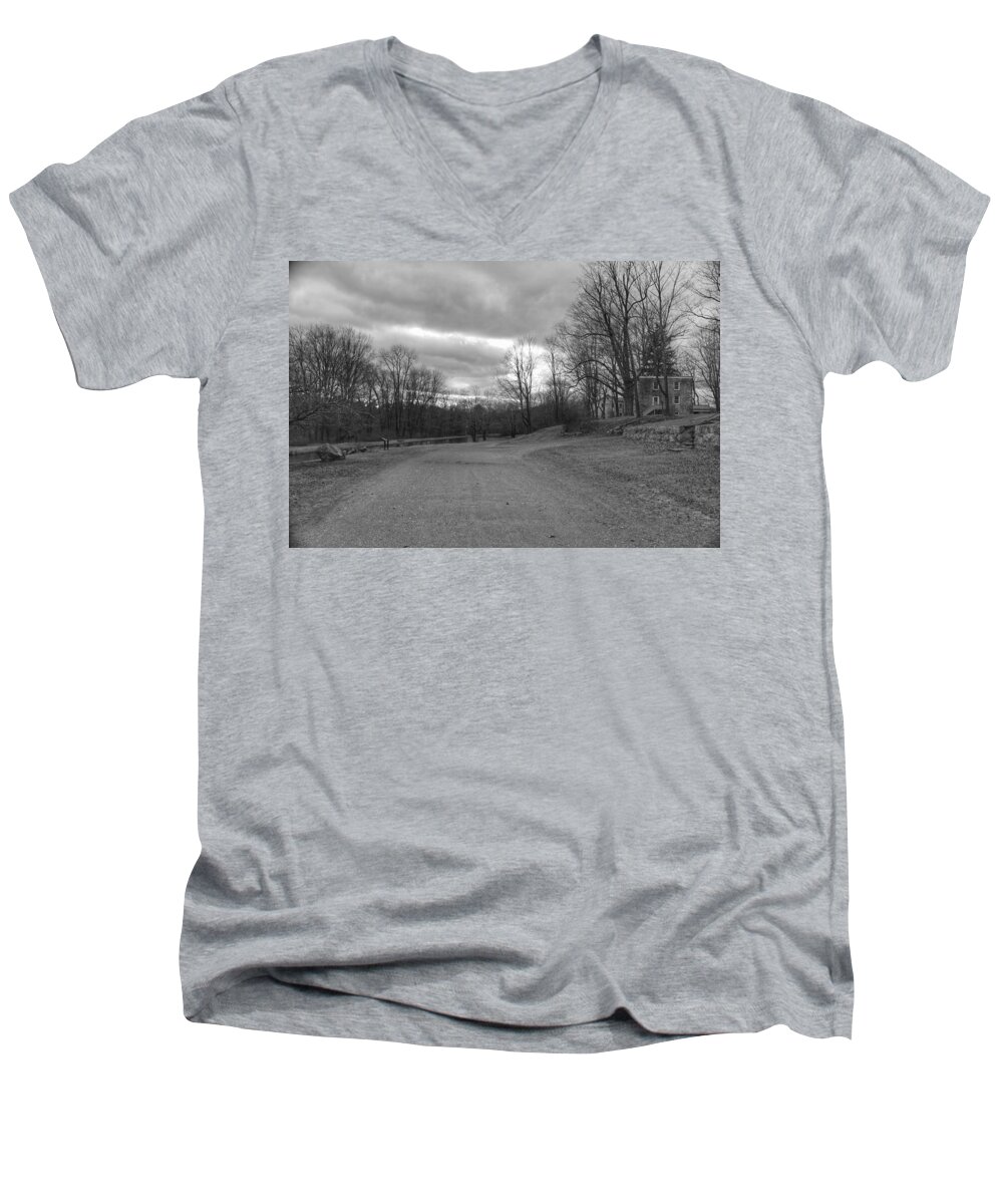 Waterloo Village Men's V-Neck T-Shirt featuring the photograph Old Canal Road - Waterloo Village by Christopher Lotito