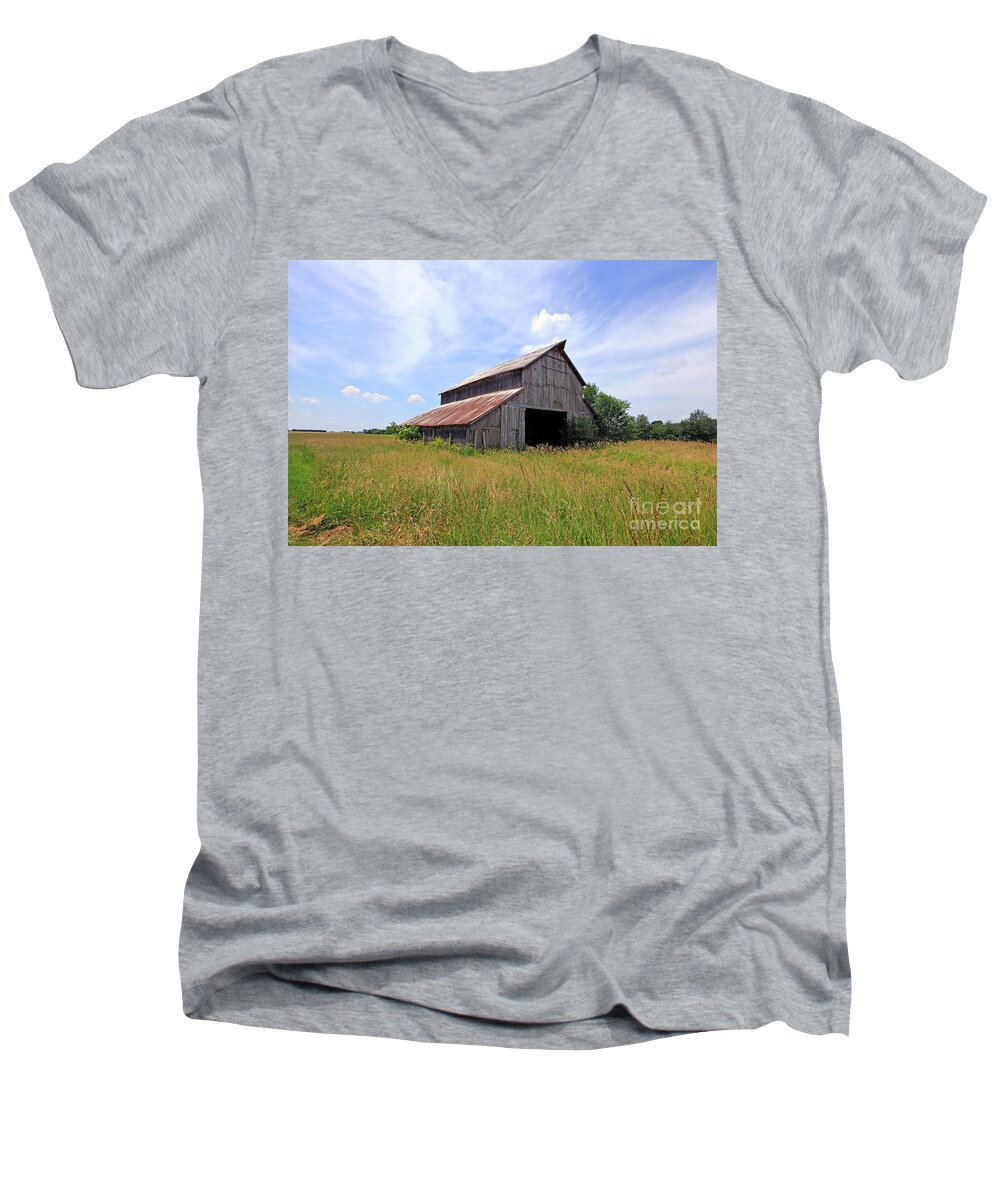 Barn Men's V-Neck T-Shirt featuring the photograph Old Post Barn by Paula Guttilla