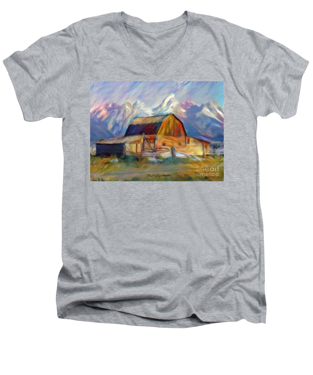 Old Men's V-Neck T-Shirt featuring the painting Old Wyoming Barn by Chris Armytage