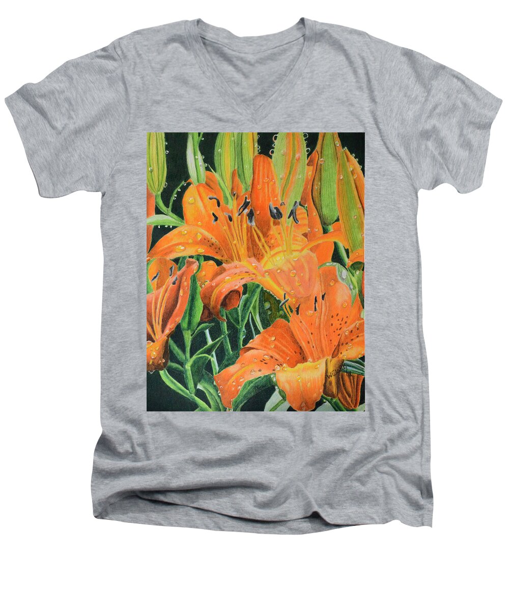 Color Pencil Men's V-Neck T-Shirt featuring the painting Orange Lilly's by Wade Clark