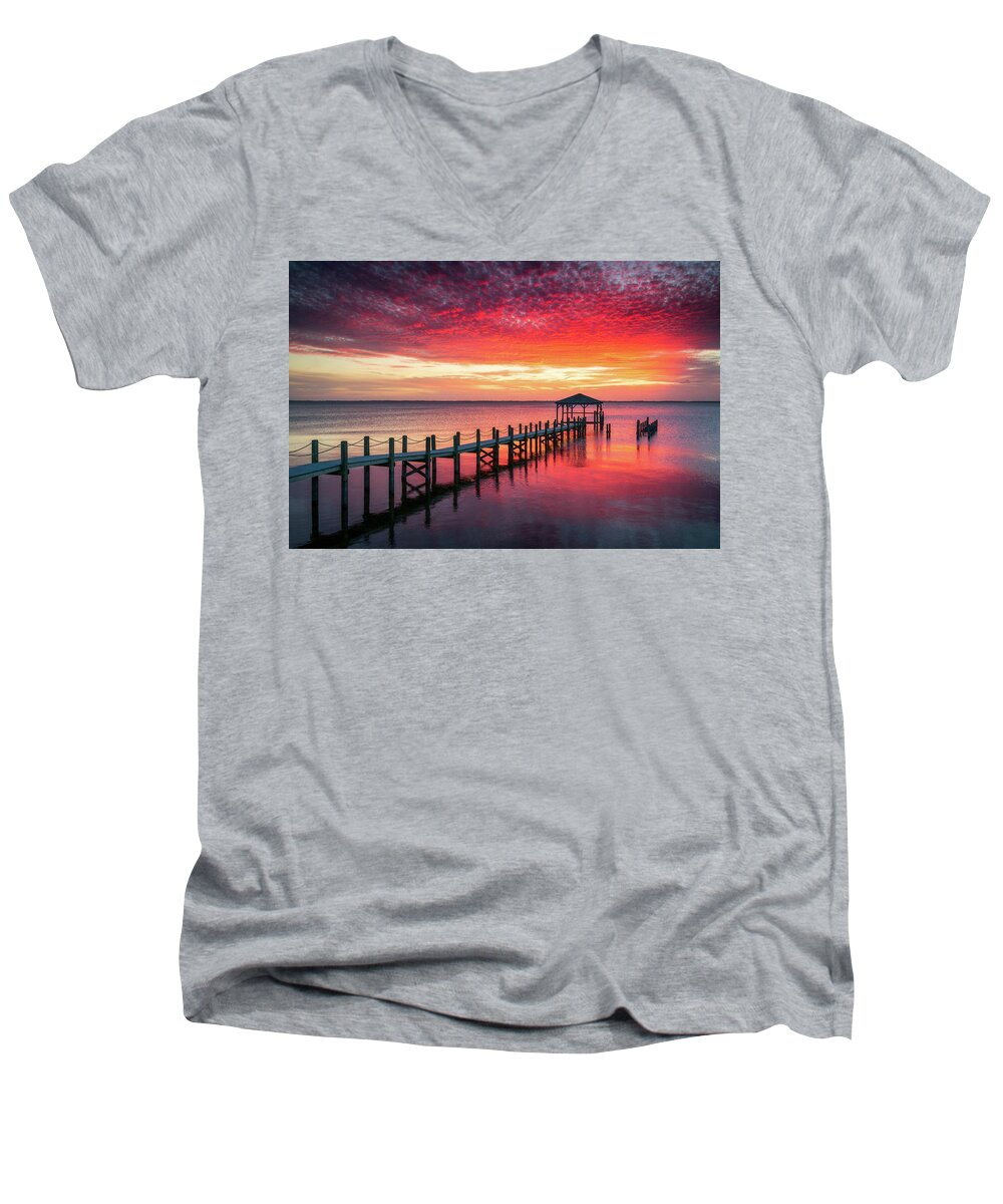 Obx Men's V-Neck T-Shirt featuring the photograph Outer Banks North Carolina Sunset Seascape Photography Duck NC by Dave Allen