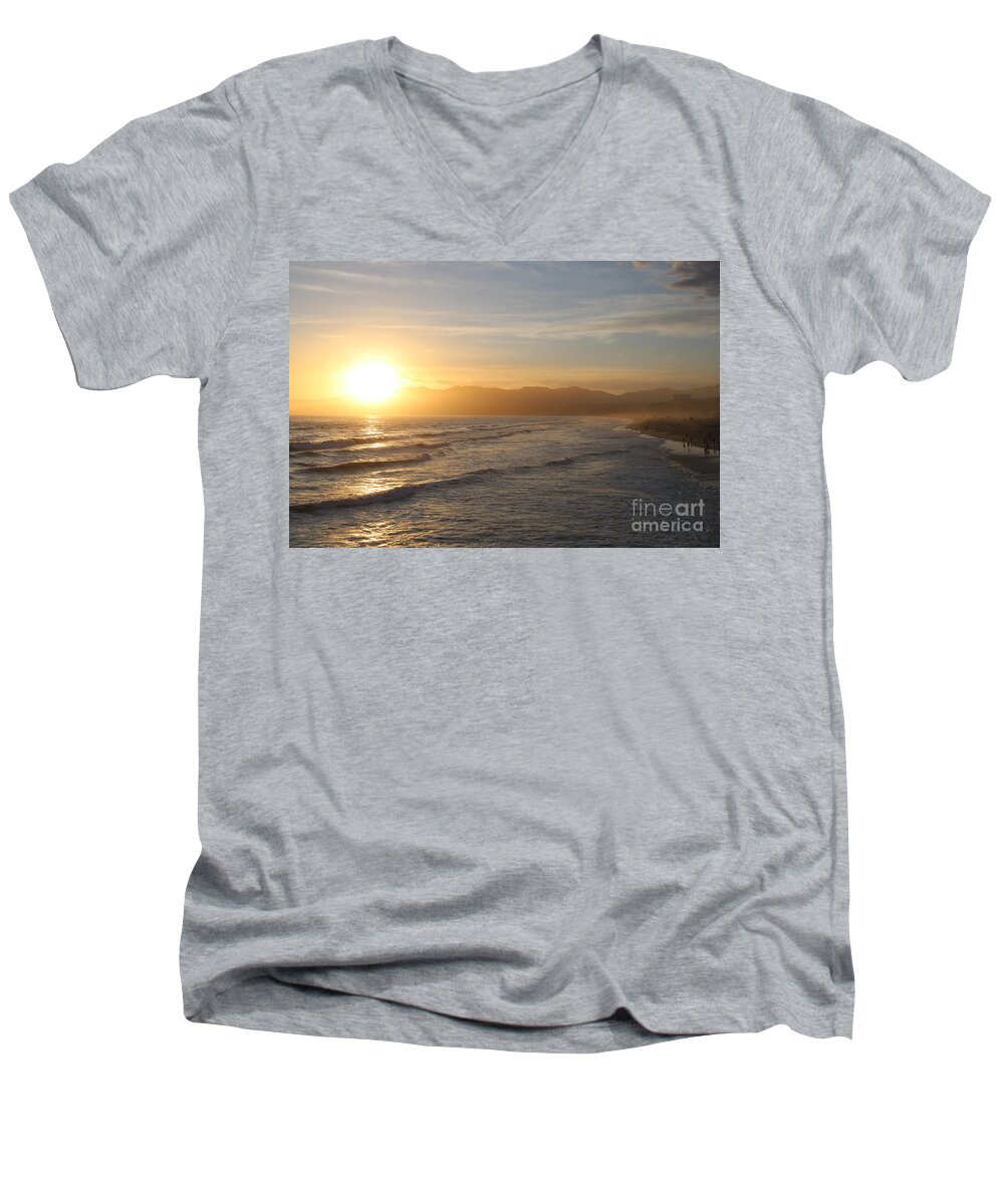 Sunset Men's V-Neck T-Shirt featuring the photograph Pacific Sunset , Santa Monica, California by John Shiron