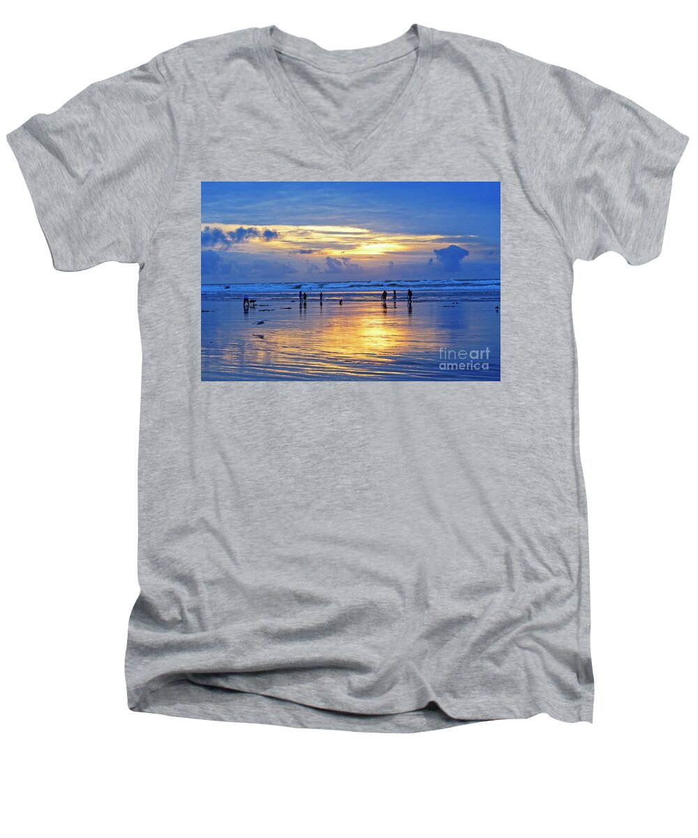 People Men's V-Neck T-Shirt featuring the photograph people recreation fun dog digging razor clams low tide ocean beach radiant blue gold sunset USA by Robert C Paulson Jr