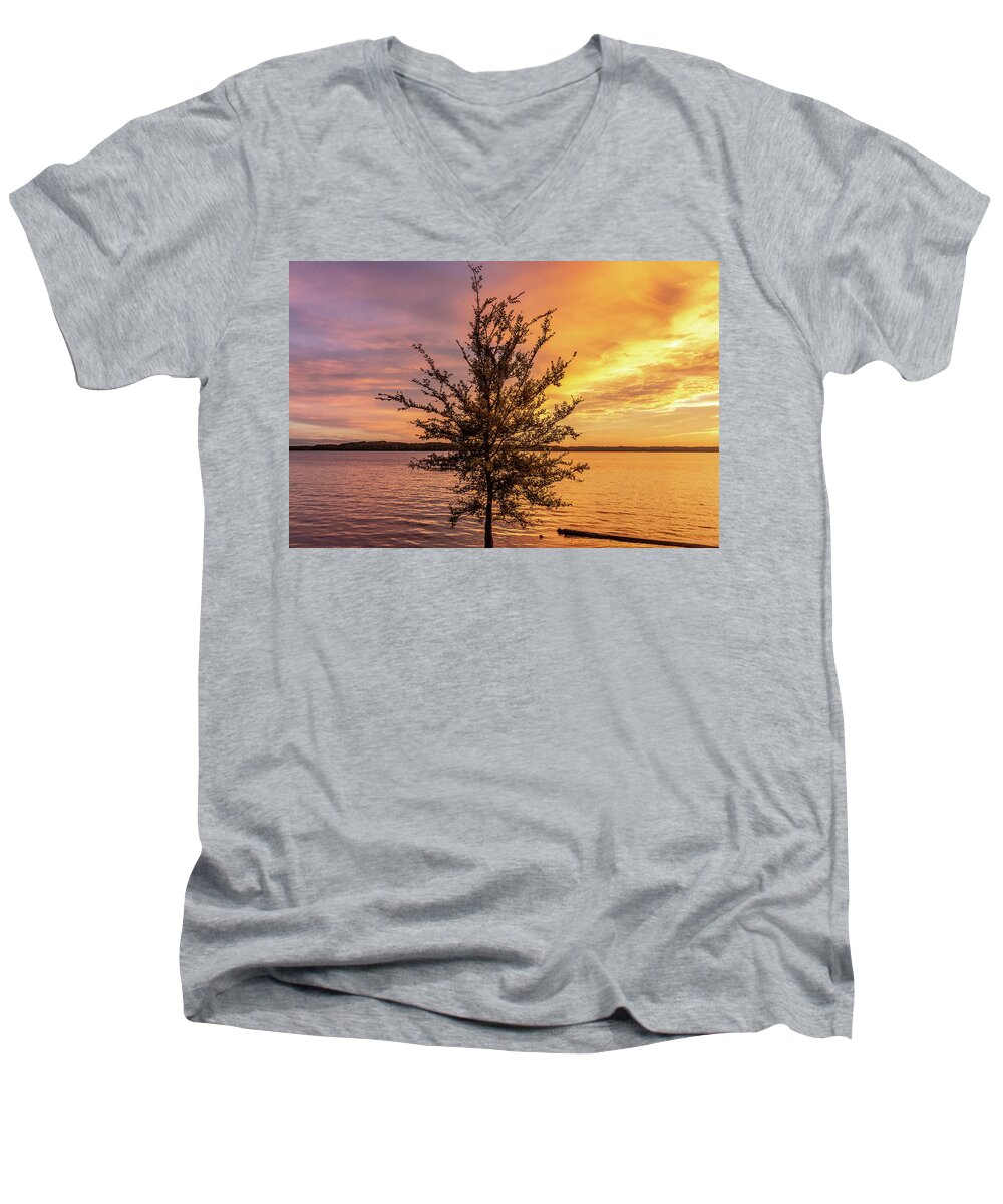 Percy Priest Lake Men's V-Neck T-Shirt featuring the photograph Percy Priest Lake Sunset Young Tree by D K Wall