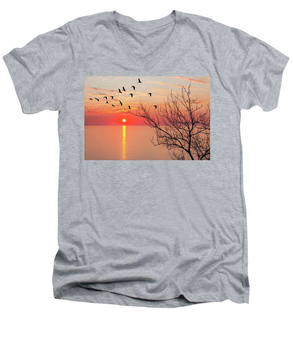Sun Set Men's V-Neck T-Shirt featuring the photograph Sunset by Gouzel -