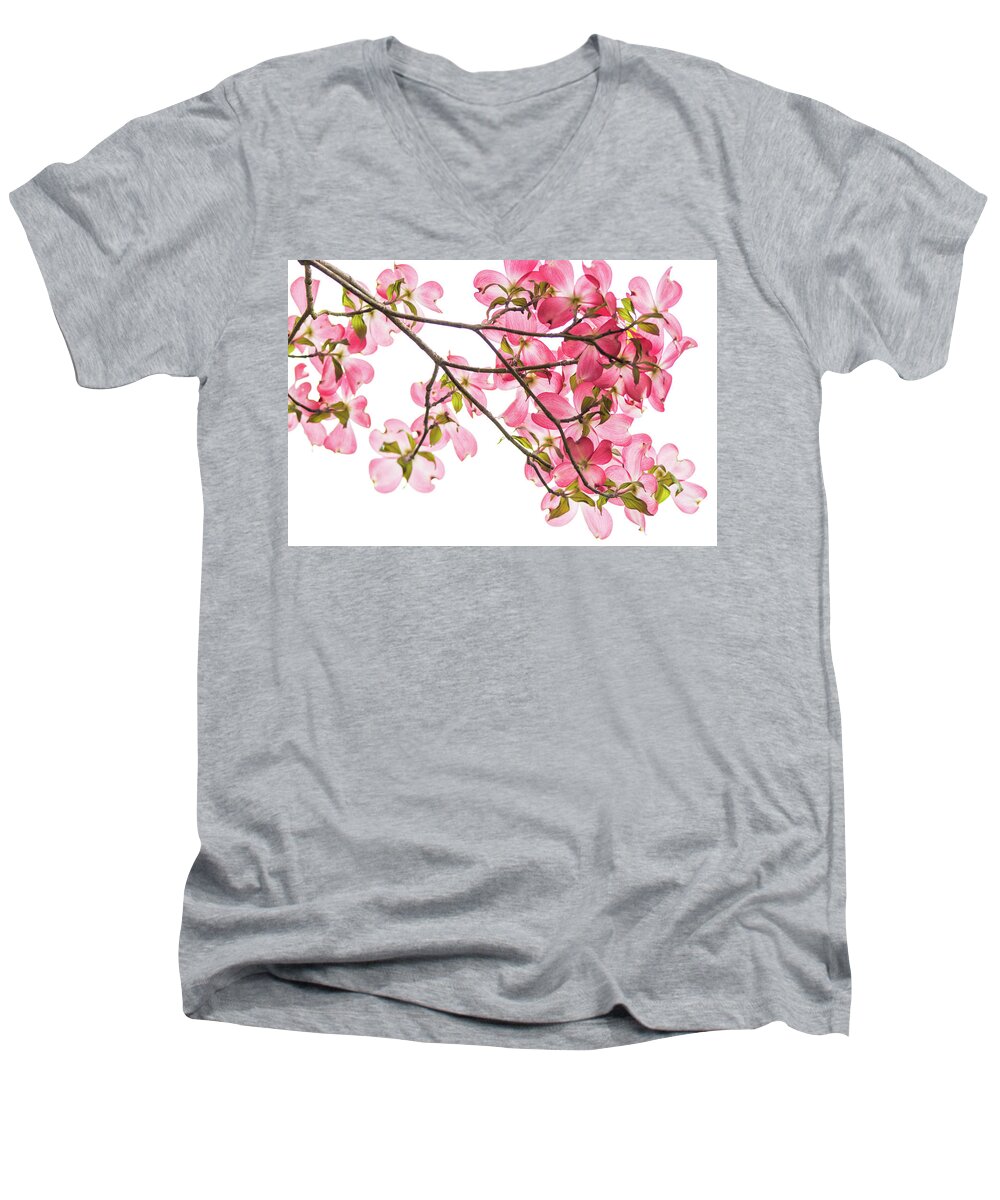 Pink Men's V-Neck T-Shirt featuring the photograph Pink Dogwoods on White by Mary Ann Artz