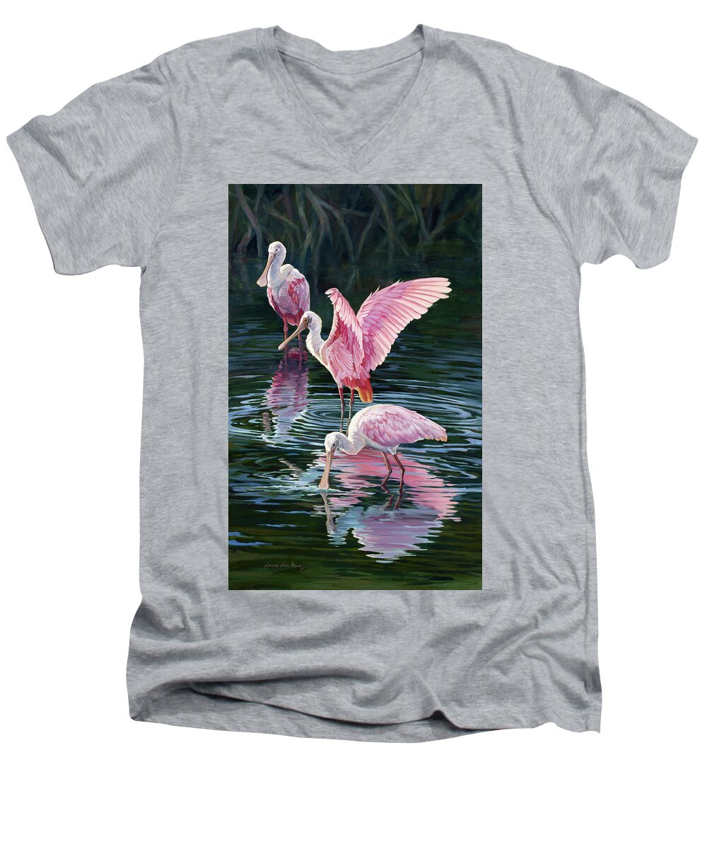 Spoonbills Men's V-Neck T-Shirt featuring the painting Pink Spoonbills by Laurie Snow Hein