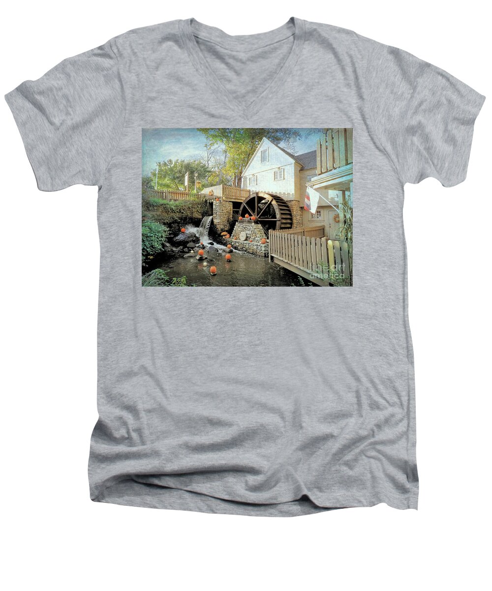 Plimoth Grist Mill Men's V-Neck T-Shirt featuring the photograph Plimoth Grist Mill October 2018 by Janice Drew