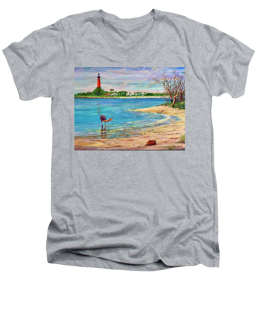 Vertical Men's V-Neck T-Shirt featuring the painting Ponce Inlet Lighthouse by AnnaJo Vahle