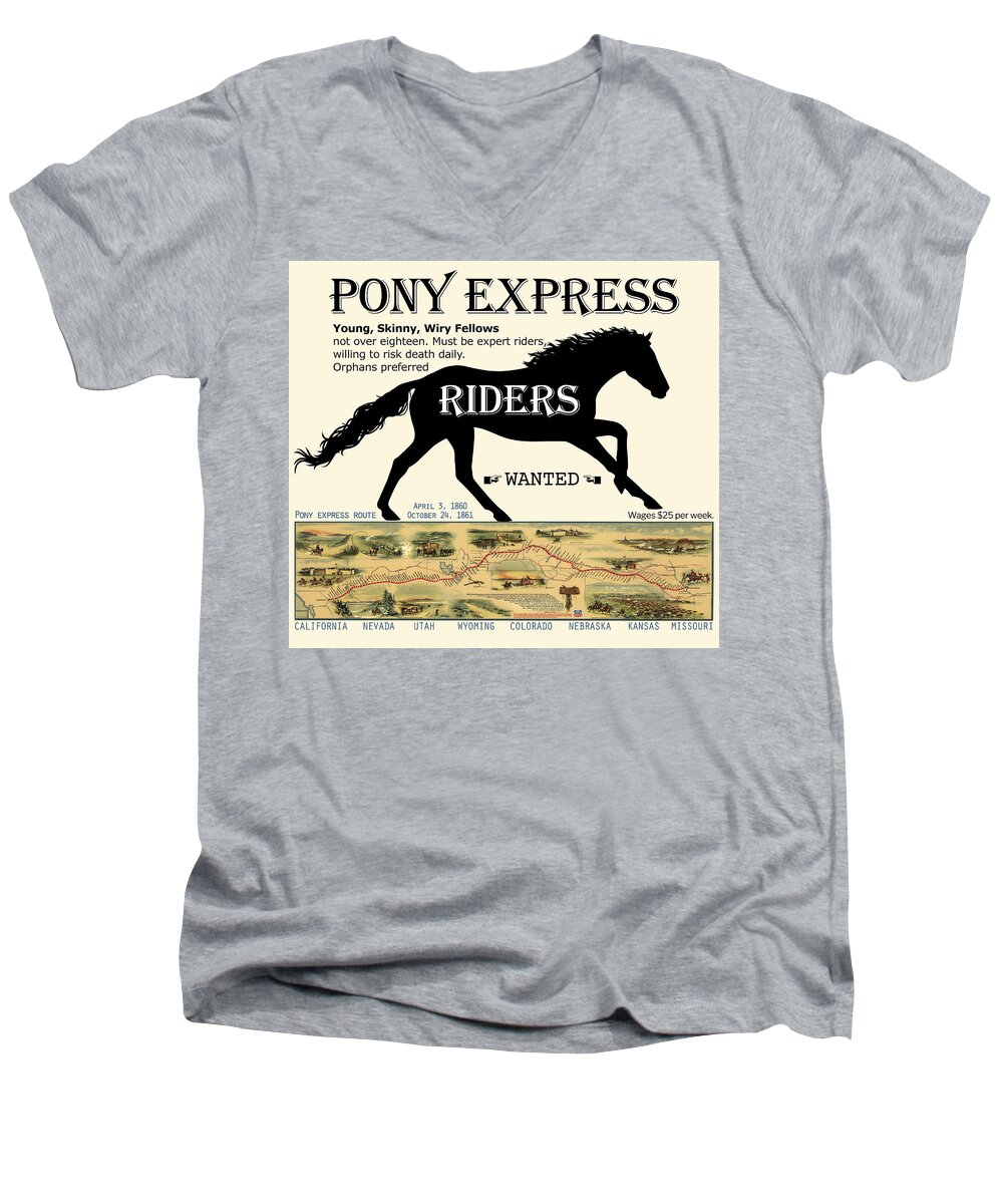 Pony Express Men's V-Neck T-Shirt featuring the digital art Pony Express Want Ad by Lisa Redfern