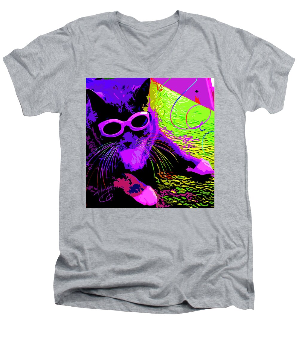 Curly Men's V-Neck T-Shirt featuring the painting pOpCat Curly by DC Langer