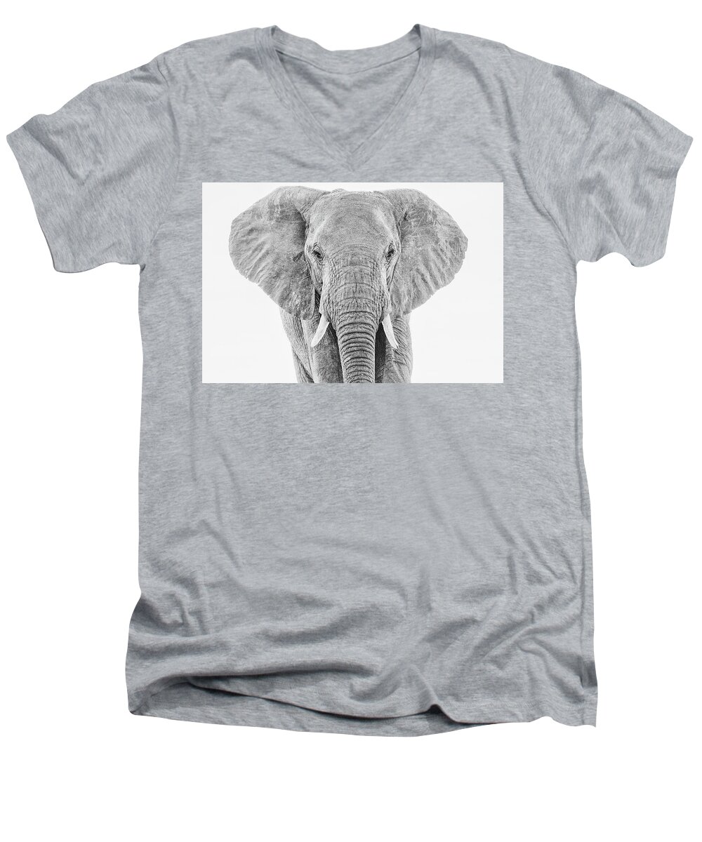 Elephant Men's V-Neck T-Shirt featuring the photograph Portrait of an African Elephant Bull in Monochrome by Mark Hunter