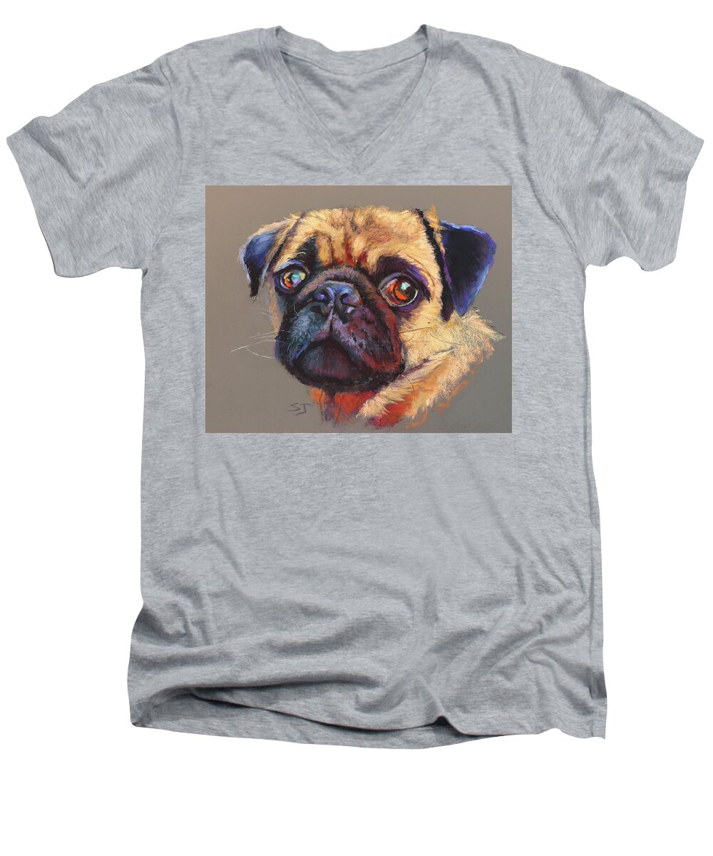 Pug Men's V-Neck T-Shirt featuring the painting Precious Pug by Susan Jenkins