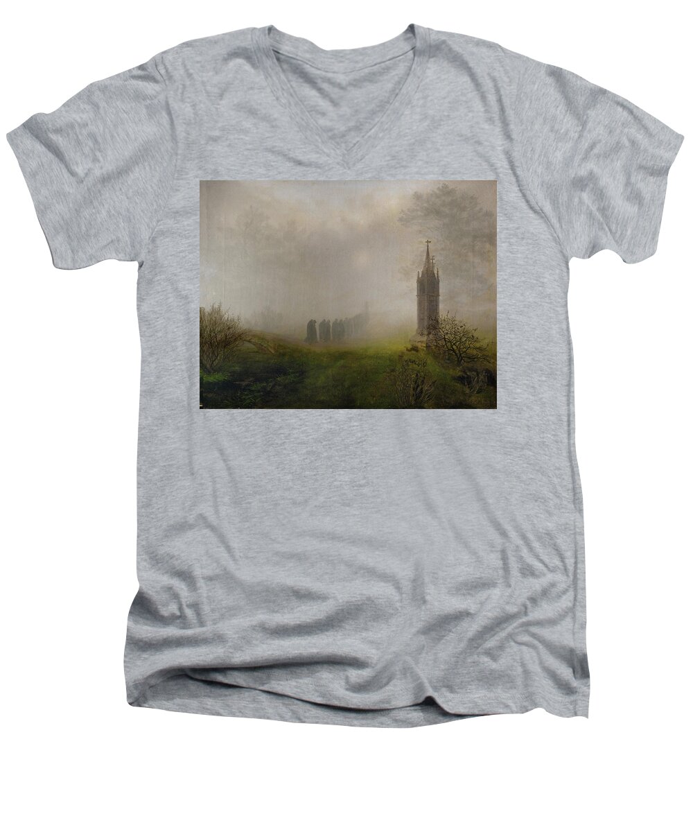 Ernst Ferdinand Oehme Men's V-Neck T-Shirt featuring the painting Procession in the fog. Oil on canvas -1828- 81.5 x 105.5 cm. by Ernst Ferdinand Oehme