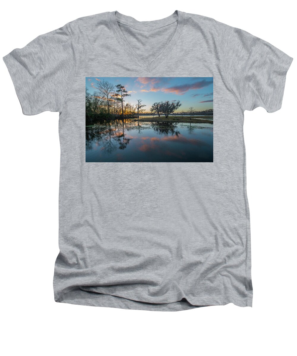 Louisiana Men's V-Neck T-Shirt featuring the photograph Quiet River Sunset by Tom Gresham