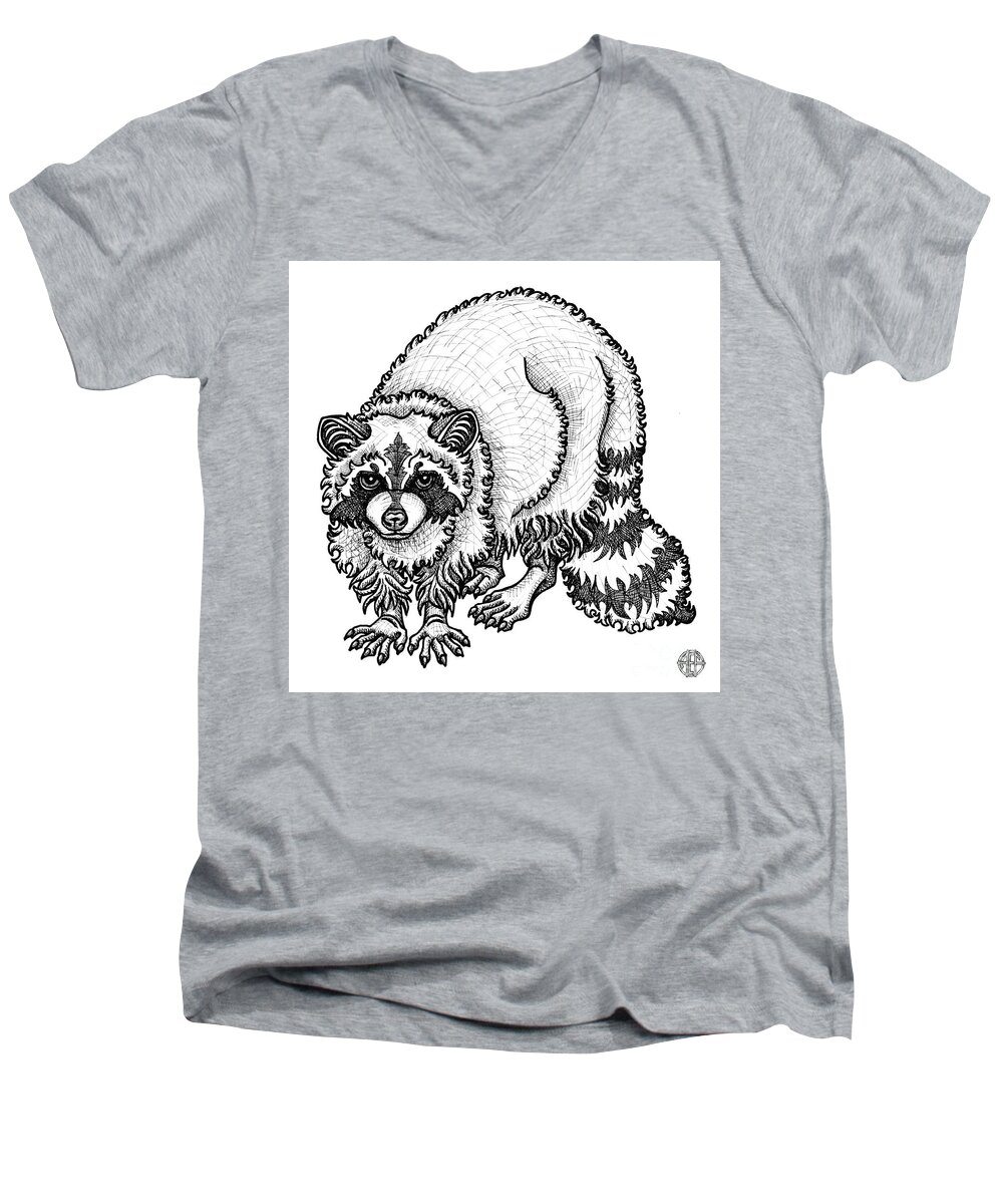 Animal Portrait Men's V-Neck T-Shirt featuring the drawing Raccoon by Amy E Fraser