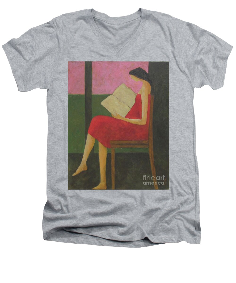 Reading Men's V-Neck T-Shirt featuring the painting Reading On The Porch by Glenn Quist