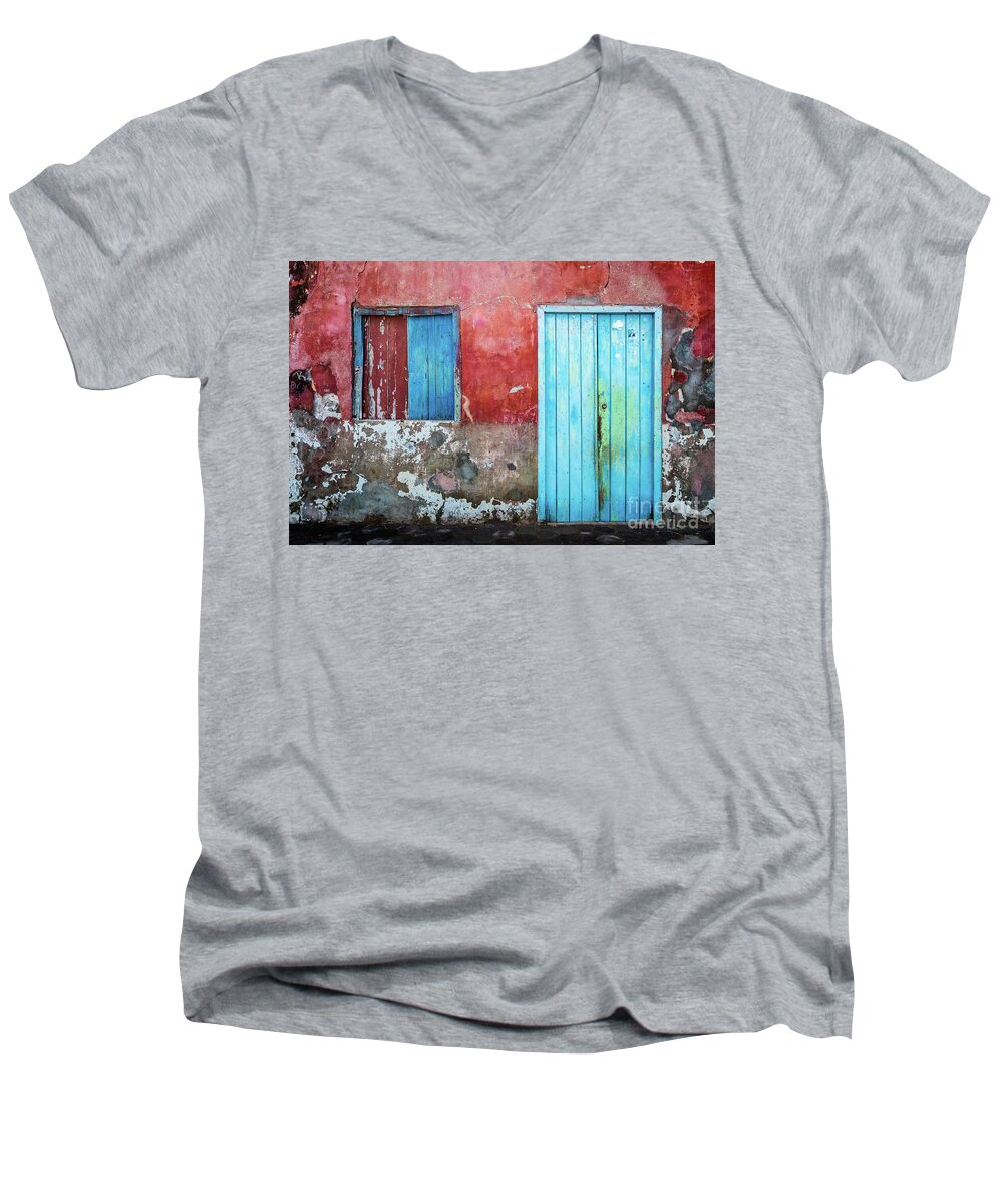 Wall Men's V-Neck T-Shirt featuring the photograph Red, blue and grey wall, door and window by Lyl Dil Creations