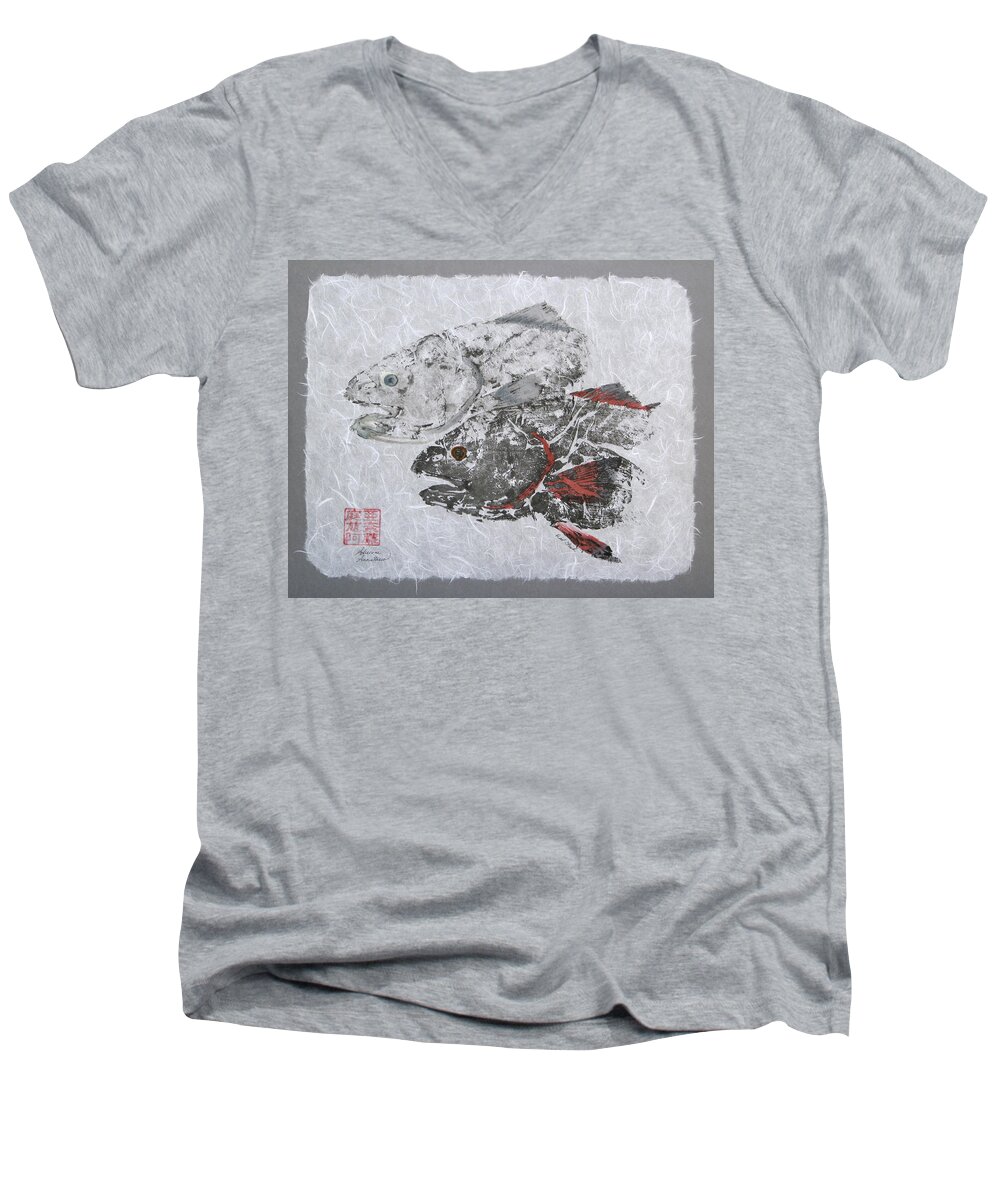 Redfish Men's V-Neck T-Shirt featuring the painting Red Fish Head Duo with Border by Adrienne Dye