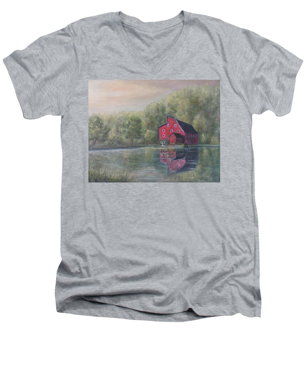 Red Barn Historic New Jersey Men's V-Neck T-Shirt featuring the painting Red Mill Clinton New Jersey by Katalin Luczay