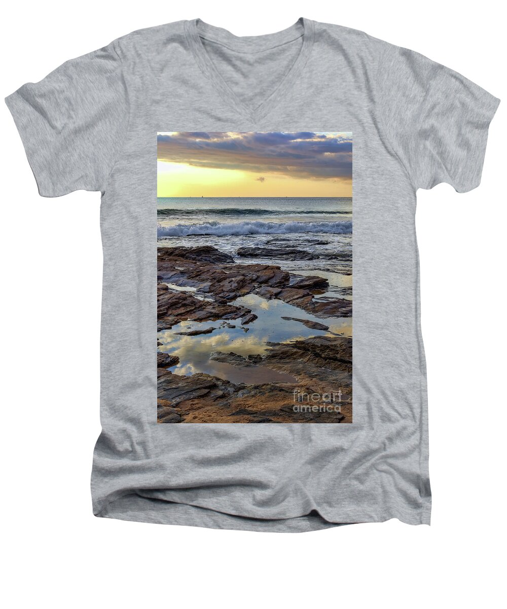 Reflections Men's V-Neck T-Shirt featuring the photograph Reflections on the Rocks by Eddie Yerkish