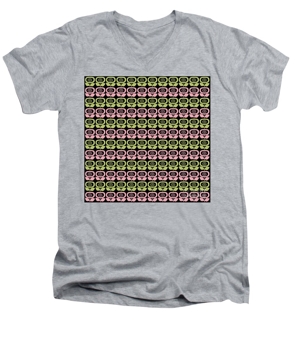 Mid Century Modern Men's V-Neck T-Shirt featuring the digital art Retro Flowers in Green and Pink by Donna Mibus