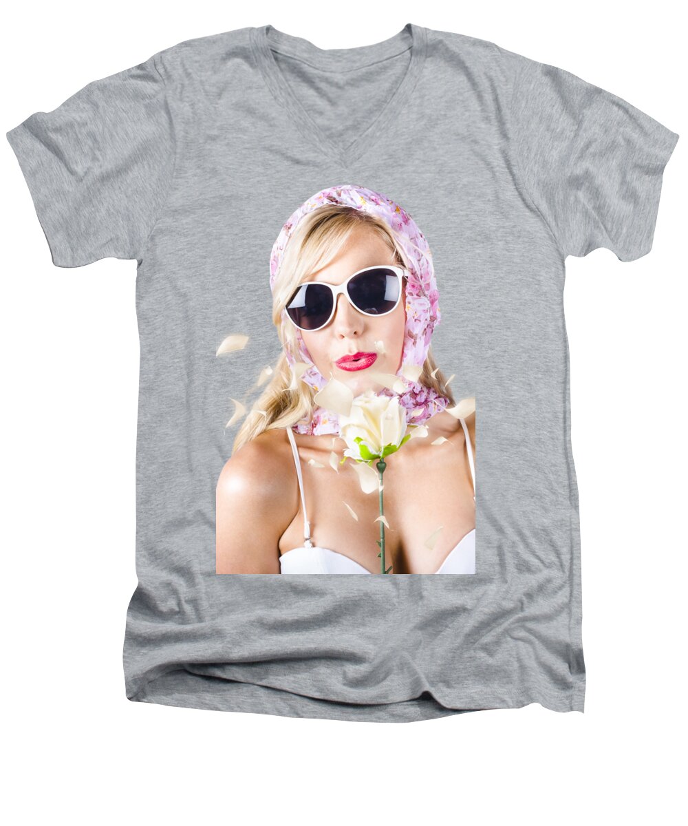 Kiss Men's V-Neck T-Shirt featuring the photograph Romantic woman with flower by Jorgo Photography