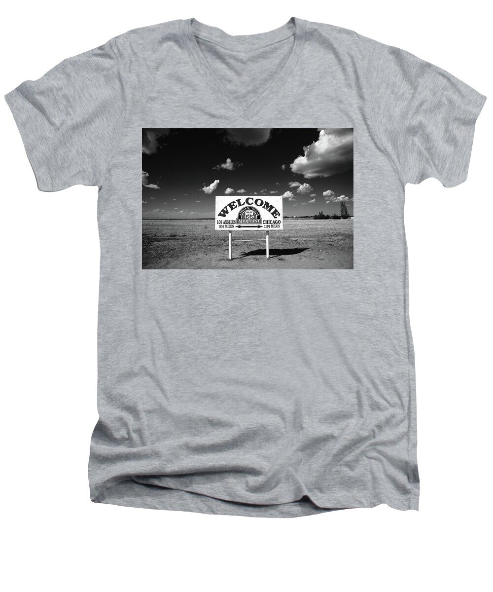 66 Men's V-Neck T-Shirt featuring the photograph Route 66 - Midpoint Sign 2010 BW by Frank Romeo